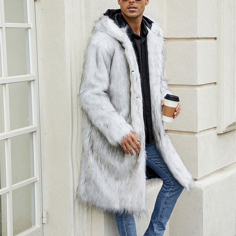 Men's Winter Jacket Fleece Jacket Faux Fur Coat Daily Vacation Thermal Warm Keep Warm Fleece Fall Winter Leopard Print Fashion Streetwear Hooded Long Black White Yellow Jacket