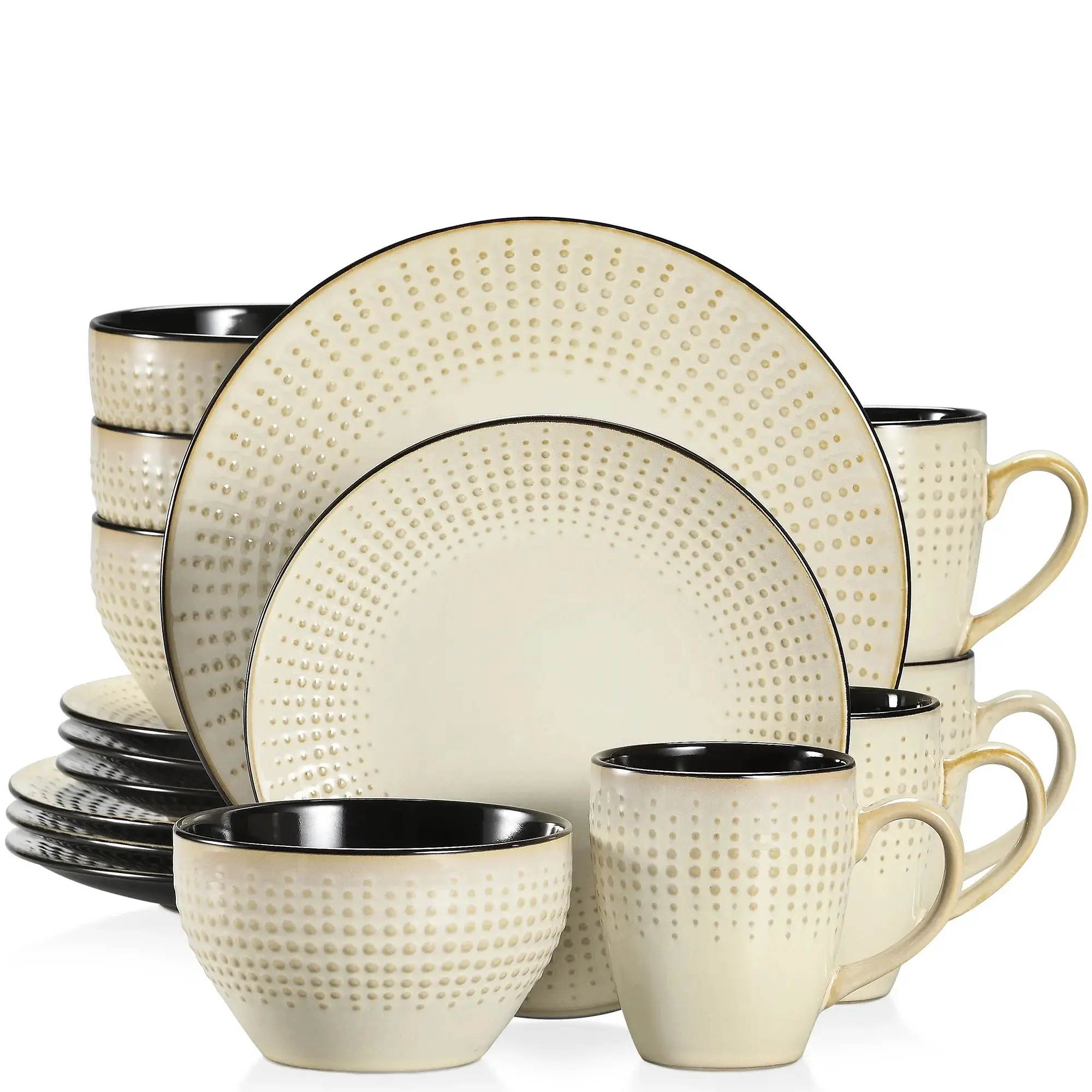 VANCASSO GUTO 16/32/48 Piece Set di stoviglie in gres goffrato Beige con cena/piatto da Dessert/ciotola da minestra/servizio tazza per 8/12