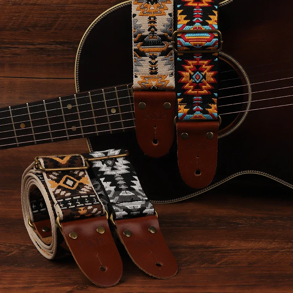 Tracolla per chitarra in stile bohémien Cintura per chitarra con tracolla per basso elettrico acustico regolabile con estremità in morbida pelle