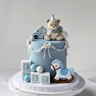 Toppers per torta con orso blu e rosa Blocchi per BAMBINI Blocchi di costruzione Cavallo di Troia per auto per Ragazzo Ragazza Baby Shower Decorazione per feste di compleanno