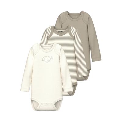 Body NAME IT "NBNBODY 3P LS Y/D CORE 2 NOOS", Baby, Gr. 92, N-Gr, beige (pure cashmere), Sweatware, Obermaterial: 100% Baumwolle, gemustert, casual, regular fit, amerikanischer Ausschnitt, Langarm, Bodies Image