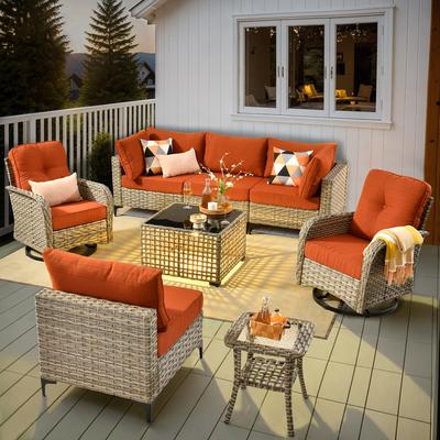 OVIOS 8 Pieces Outdoor Wicker Swivel Chair Set With Solar-Powered Coffee Table