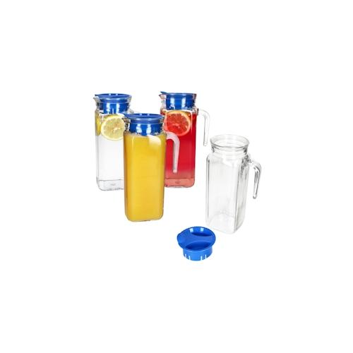 4x KARO Kühlschrankkrug mit Deckel blau 1L Henkel Glas-Karaffe Kanne Saft Wasser