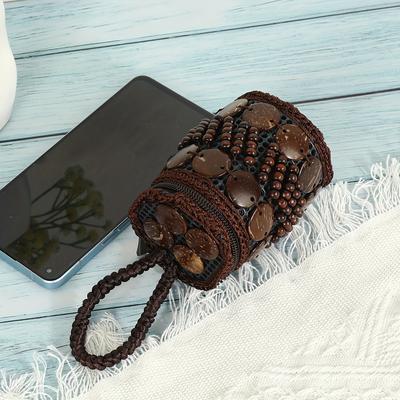 TEMU Handmade Vintage Ethnic Style Coconut Shell Handbag, Fashionable Solid Color Plastic Clutch With Zipper Closure, Lined, Occasion Theme, Handheld Design