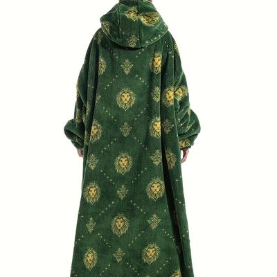 TEMU Men's Cozy Lion Print Hooded Robe - Oversized, Long Pajamas With Pockets For Fall/winter