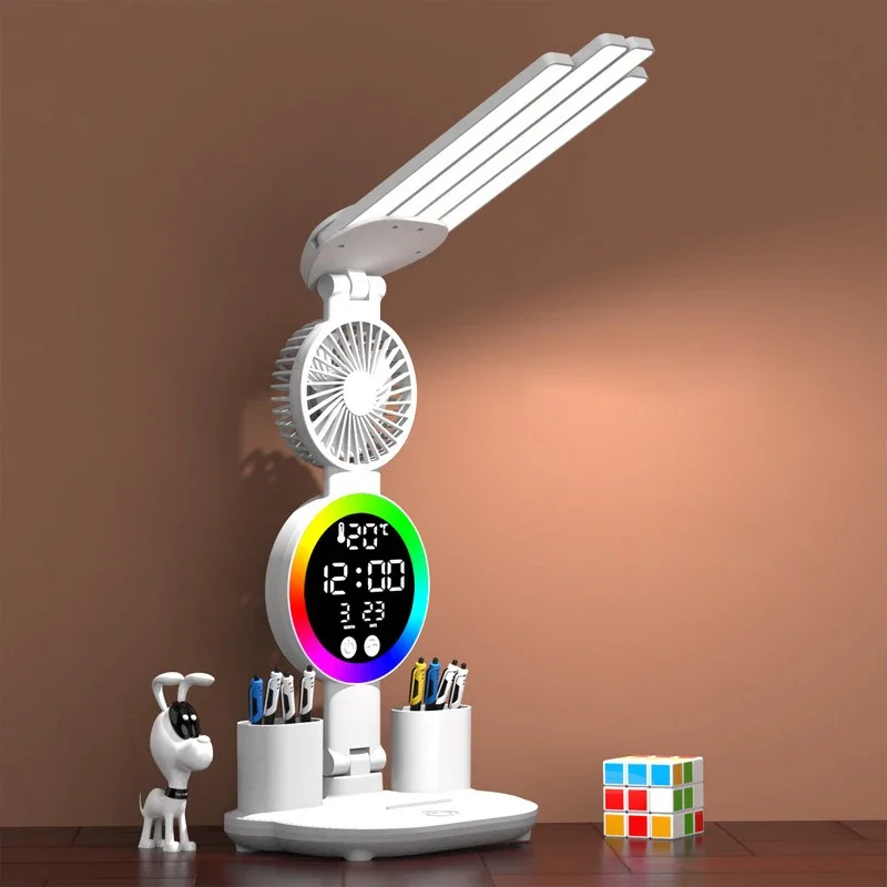 Lampe de table aste pour l'étude, lampe de bureau, lampe de lecture, lampe de table LED avec ventilateur, lampe d'affichage d'horloge LED