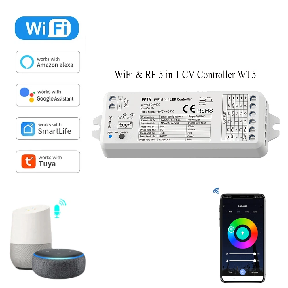 WIFI Tuya RGBCCT LED-Controller mit Musikwiedergabefunktion, intelligentes Dimmen, DC 12 V, 24 V, RF, 5-in-1-Dimmer, RGB-CCT-Laufwerk für Alexa Echo Image