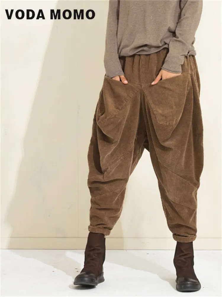 Cord Frauen Hosen Koreanische Feste Klassische Frühling Herbst Casual Taschen Elastische Hohe Taille Hosen Lose Breite Bein Haren Hosen Image