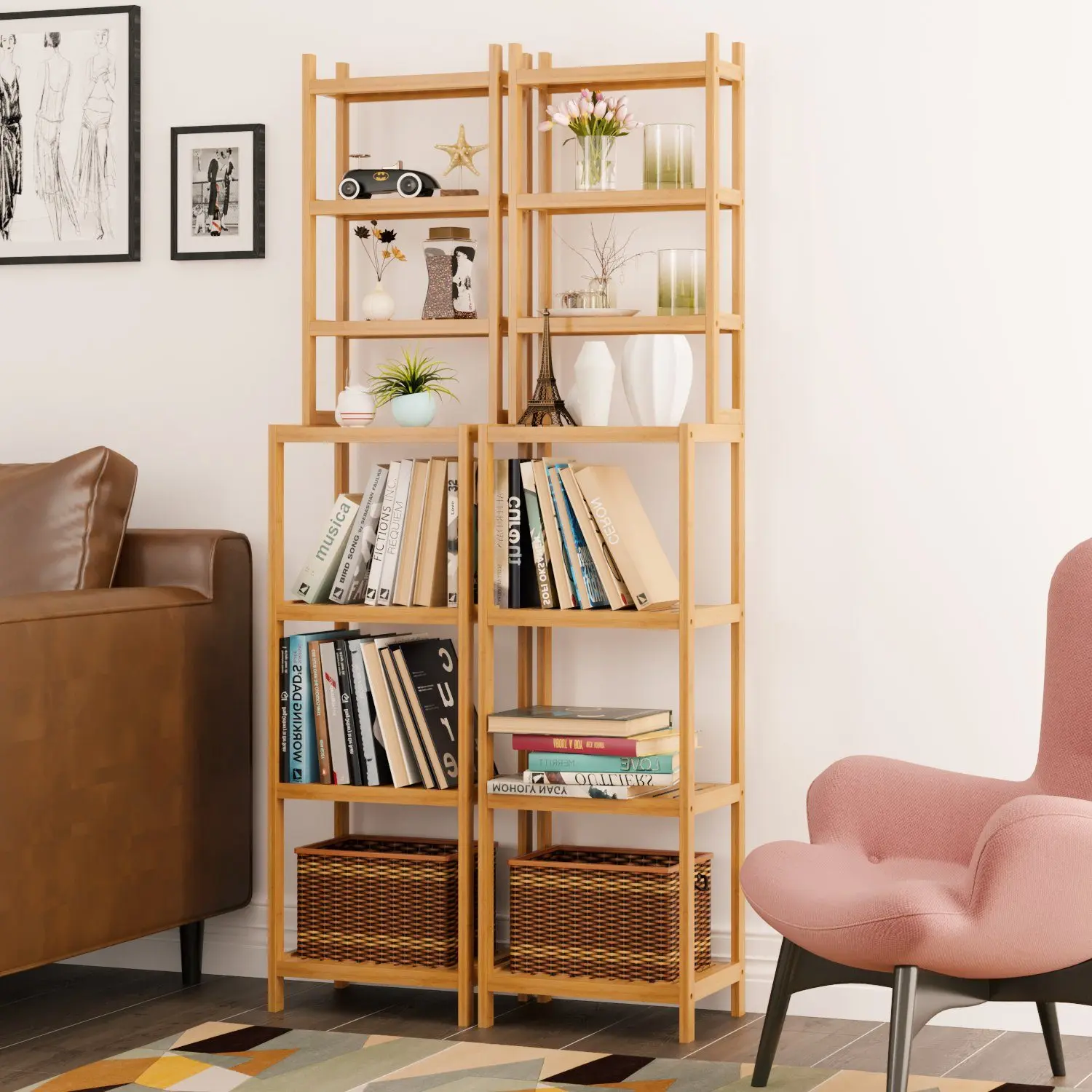 Getone Badregal Stehend 2-IN-1 Badezimmerregal Bambus Standregal Schmal mit 7 Ablagen Küche und Wohnzimmer geeignet 160x36x28cm Image