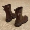 Halbhohe Damenstiefel mit runder Spitze, Chelsea-Damen-Schuhe mit mittlerer Wade, mittlerer Absatz, braune Schuhe, Frühling und Herbst, Gothic, Halbsaison