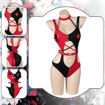 Quinzel Cosplay Sexy Dessous Fantasia Bösewicht Kostüm Verkleidung für Erwachsene Frauen Overall Badeanzug Outfit Halloween Karneval Anzug Image