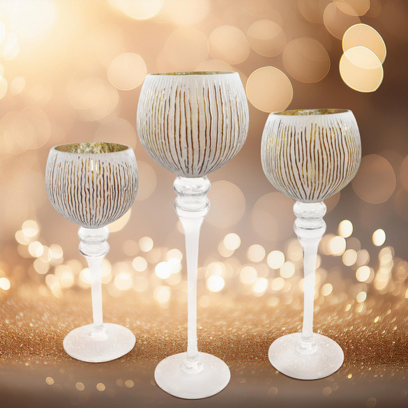 Teelichthalter Glas-Kelch weiß-golden 3er-Set Image
