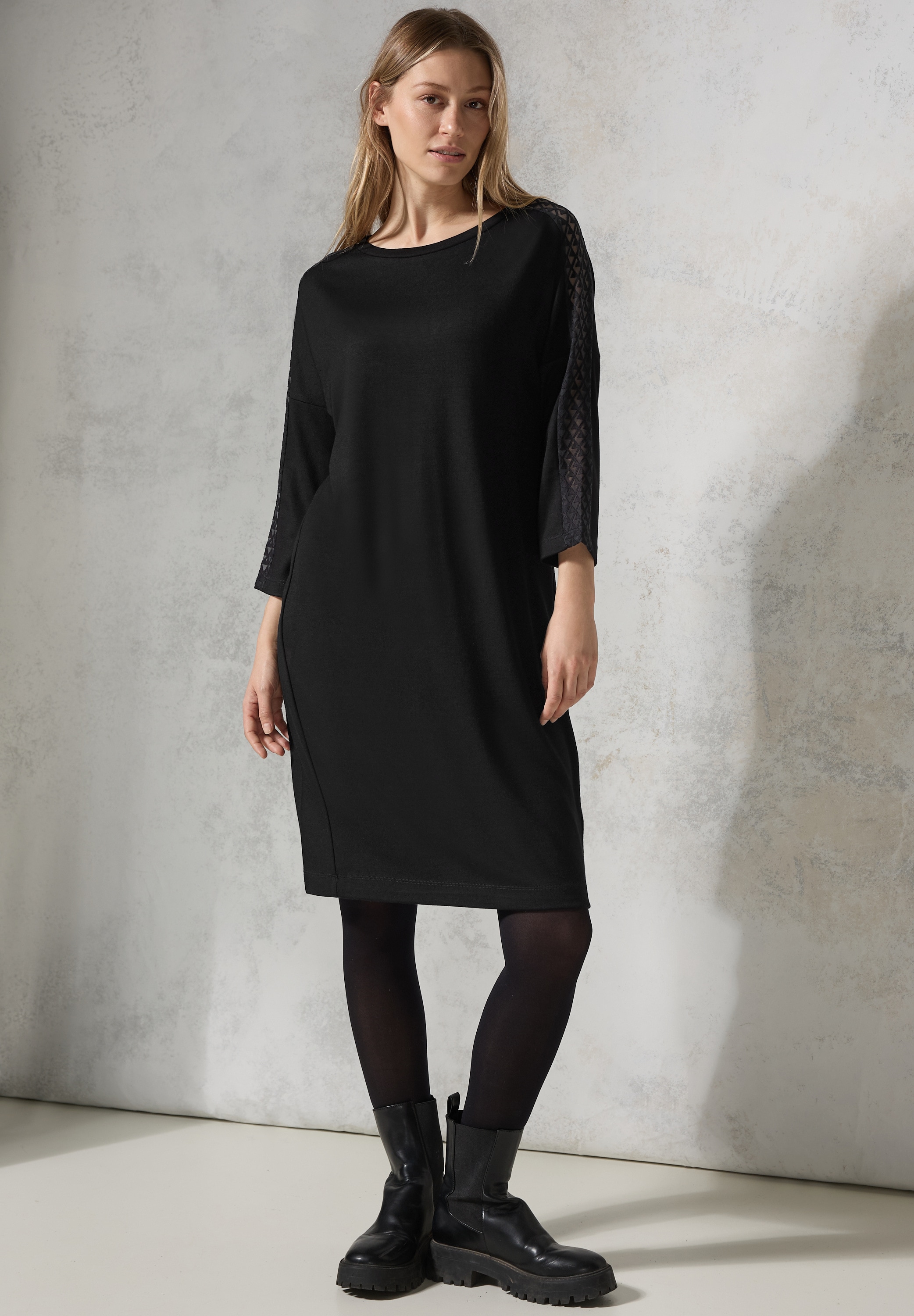 Jerseykleid CECIL, Damen, Gr. XS (36), US-Größen, schwarz, Jersey, 70% Viskose, 25% Polyester, 5% Elasthan, unifarben, normal knielang, Rundhals, abgesteppt, Kleider Jerseykleid, knielang