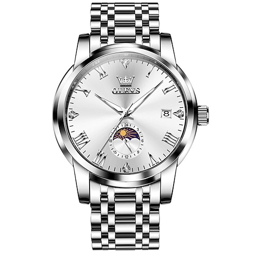 OLEVS Herren Quarz uhr Kreativ Modisch Lässige Uhr Armbanduhr Mondphasenanzeige leuchtend Kalender WASSERDICHT Stehlen Beobachten Image