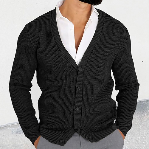 Herren Strickjacke Kurzer Pullover Zopfmuster Stricken Standard Button-Down Glatt V Ausschnitt Modisch Klassisch Freizeitskleidung Verabredung Bekleidung Herbst Winter Schwarz Militßrgrün M L XL Image