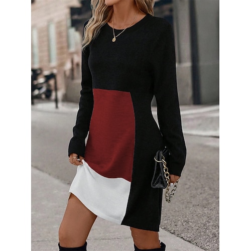 Damen Sweatshirtkleid Mini Kleid Lässiges Kleid Warm Aktiv Outdoor Party Street Crew Neck Print Geometrisch Farbblock Reguläre Passform Schwarz Pink Rot S M L XL XXL Image