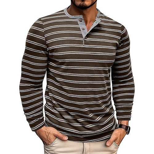 Herren T-Shirt mit Knöpfen T Shirt Henley Hemd T-Shirt Langarm Henley Frühling Herbst Gestreift Mode Designer Basic Knöpfe Urlaub Straße Ausgehen Schwarz Weiß Khaki Top T-Shirt für Herren Image