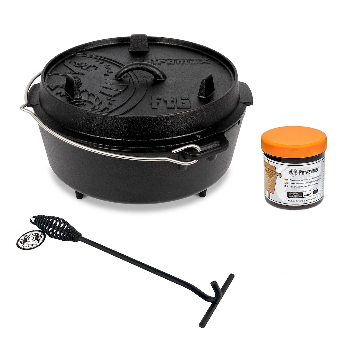 Petromax Feuertopf Dutch Oven Set Pflegepaste Deckelheber FT6 mit Füßen Image