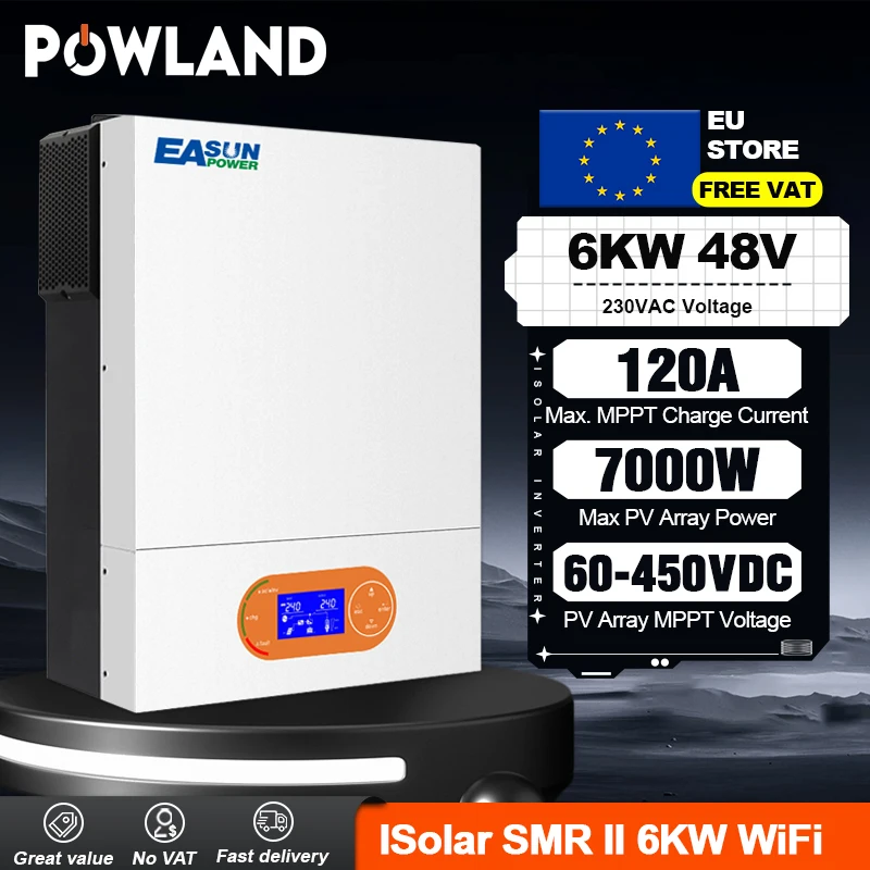 Powland 3.2KW 4KW 24V 6KW 48V PV 7000W onduleur solaire hybride avec 120A MPPT hors réseau onduleur onde sinusoïdale Pure 230V sans TVA
