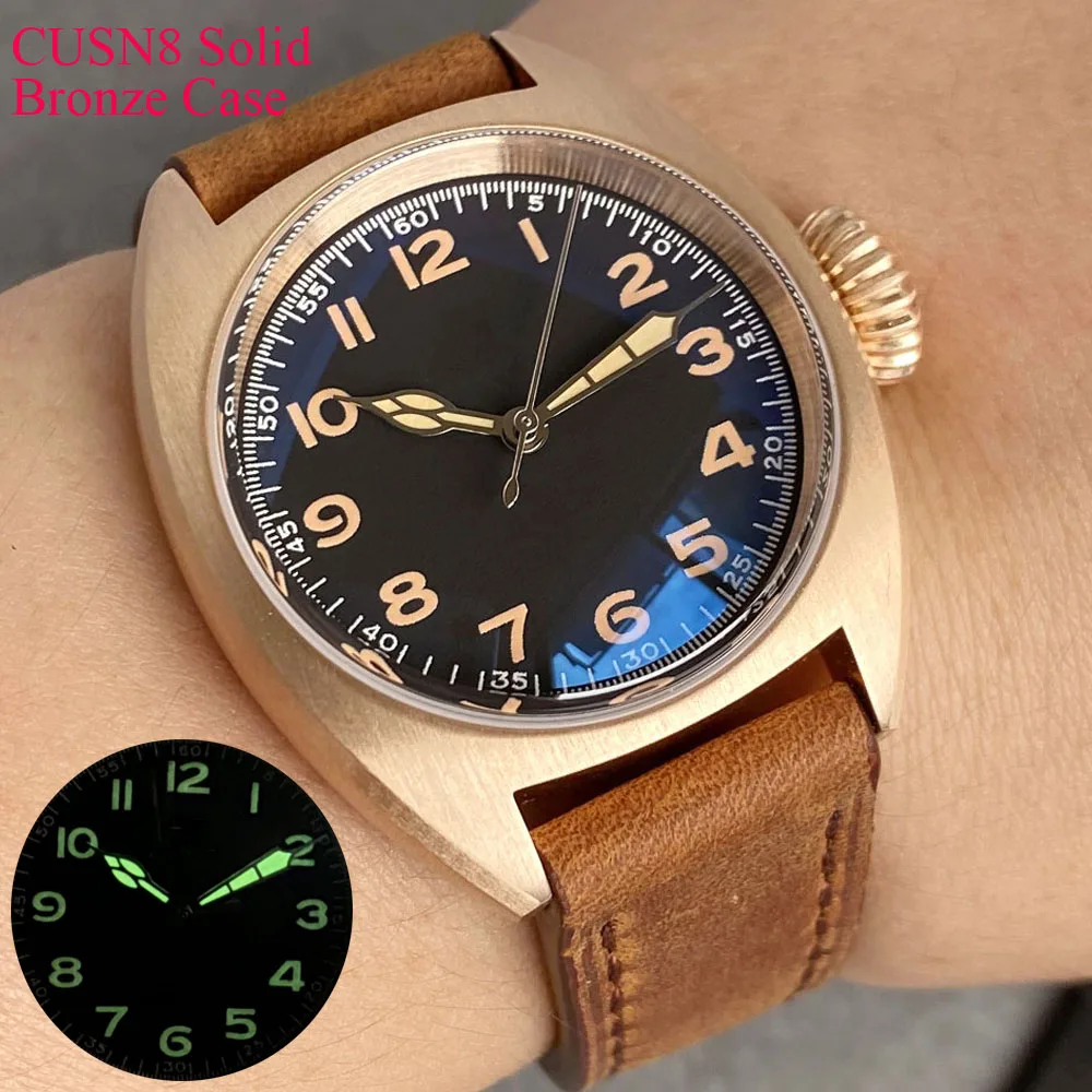 CUSN8 Massives Bronzegehäuse Tandorio NH35A Gewölbtes AR-Saphir 36 mm Lume Vintage mechanische Uhr Herren 200 m Taucheruhr Lederband Image