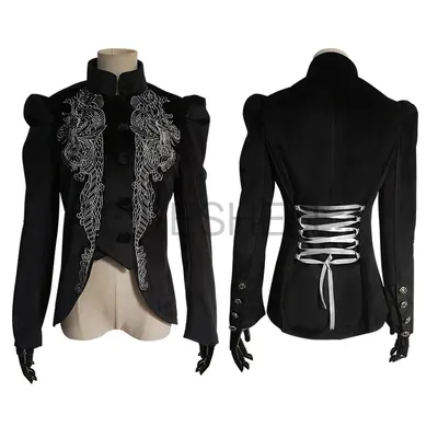 Frauen mittelalter liche viktoria nische Gothic Jacke Steampunk schwarz Stehkragen Blumen stickerei Verband Mantel Halloween Karneval Outfits Image