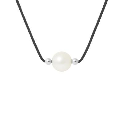 Collier Perle d'Eau Douce Ronde 9-10 mm Blanche Nylon Noir Argent 925