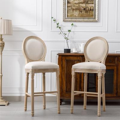 Set of 2 French Country Wooden Barstools with Upholstered Seating