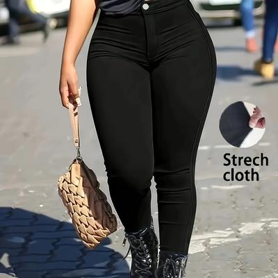 TEMU [1pc Women's Sexy Skinny Jeans] Women's Sexy Skinny Jeans, Viscose Blend Stretch Fabric, Solid Color, With Button Detail, For Fall/winter Woven Pants Image