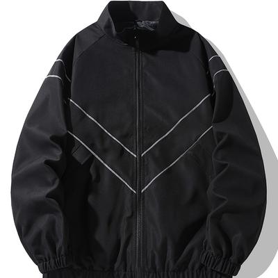 TEMU Men's Lightweight Windbreaker Jacket - Casual Stand Collar, Polyester, Machine Washable, Geometric Pattern, With Pockets - Ideal For Outdoor Activities Image