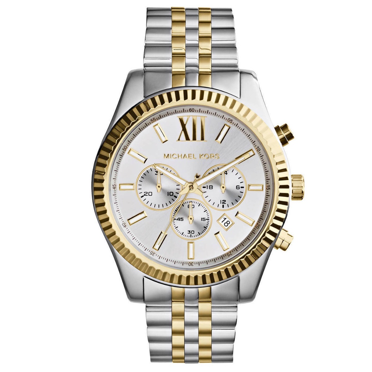 Herrenuhr der Marke Michael Kors in der Farbe Gold. Das Gehäuse hat einen Durchmesser von 45 mm. Marke: Michael KorsModellname: MK8344 (45mm)Kategorie: HerrenarmbanduhrMaterialien: EdelstahlFarbe: gold, silberZeitmesser: Quarz Image