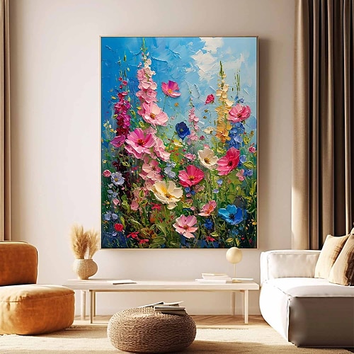 großes handgemachtes Blumenlandschafts-Ölgemälde auf Leinwand, pastellfarbenes Blumengemälde, Frühlingsblumen-Landschaftsgemälde, großes Wandbild, Wohnzimmerdekor, handgemachtes Ölgemälde, Pattle Image