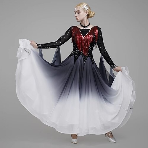 Für den Ballsaal Kleid Quaste Farbaufsatz Kristalle / Strass Damen Leistung Party Langarm Chiffon Spandex Image