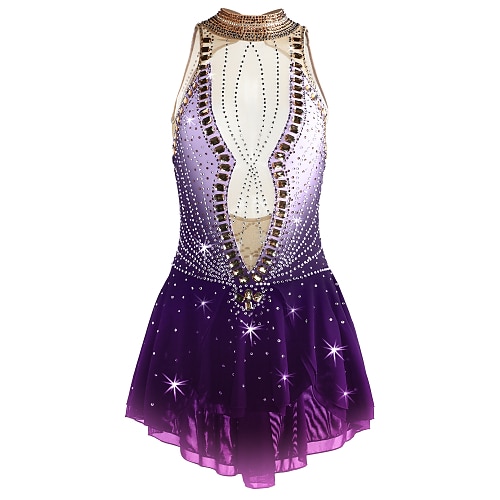 Eiskunstlaufkleid Damen Mädchen Eislaufen Kleider Austattungen Violett Weiß / Weiß Gelb Gelb Rückenfrei Spandex Mikro-elastisch Ausbildung Eiskunstlaufkleidung Klassisch Kristalle Ärmellos Image