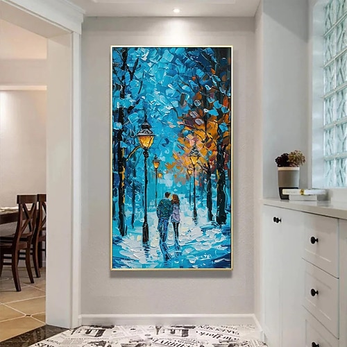 3D-Gemälde mit blauem Wald, handgefertigtes Wald-Ölgemälde, Pattle Knife Painting Canvas, Herbstgemälde, Wandkunst, Baum-Leinwand, abstrakt, schmale Wanddekoration, übergroß, großes abstraktes blaues Image