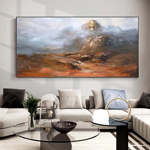 handgefertigtes Ölgemälde auf Leinwand, Wandkunst, Dekoration, moderne abstrakte Berglandschaft mit goldenen Hügeln für Wohnzimmer, Heimdekoration, gerolltes, rahmenloses, ungedehntes Gemälde Image