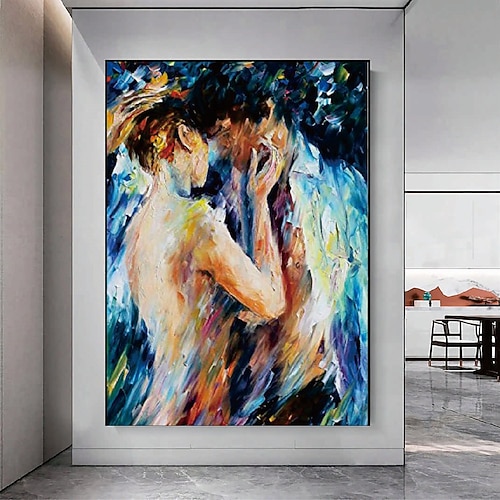 Ölgemälde eines Liebespaares, handgefertigt, umarmendes Ölgemälde eines Liebespaares – handgemaltes impressionistisches Ölgemälde eines Liebespaares aus Paris auf Leinwand, Ölgemälde mit Spachtel, Image