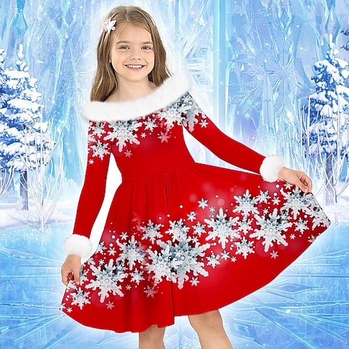 Mädchen' 3D Schneeflocke Kleid Langarm 3D-Druck Herbst Winter Sport Natur Täglich Festtage Kuschelig Brautkleider schlicht Schön kinderkleidung 3-12 Jahre Casual kleid Schaukelkleid A Linie Kleid Image