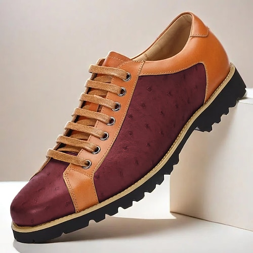 Freizeitschuhe aus hellbraunem und beigefarbenem Straußenleder für Herren mit robuster Sohle – Alltags- und halbformelles Schuhwerk aus hochwertigem Rindsleder Image