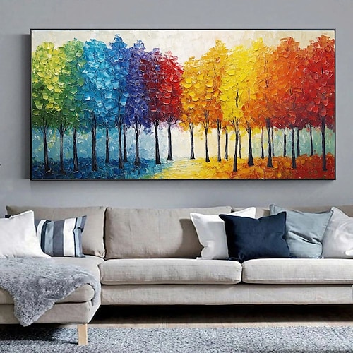 3D buntes Waldgemälde handgemachtes buntes Baum Leinwand Ölgemälde Wandkunst Baumgemälde abstrakt schmale Wanddekoration übergroßes großes abstraktes blaues Landschaftsgemälde Wandkunst Dekoration Image