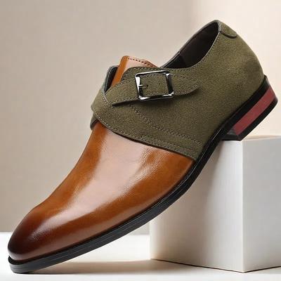 Men's Two-Tone Faux Leather and Suede Monk Strap Shoes – Elegant Buckle Dress Shoes for Formal Occasions