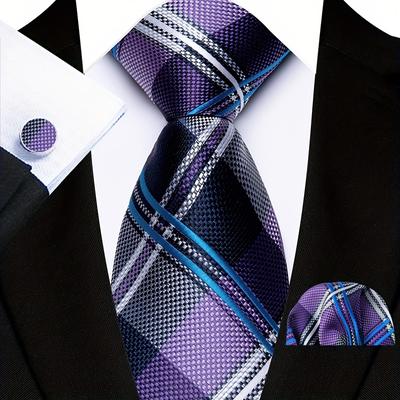 TEMU Fashion Striped Tie & Cufflinks & Handkerchief Set, For Business And Party Gifts