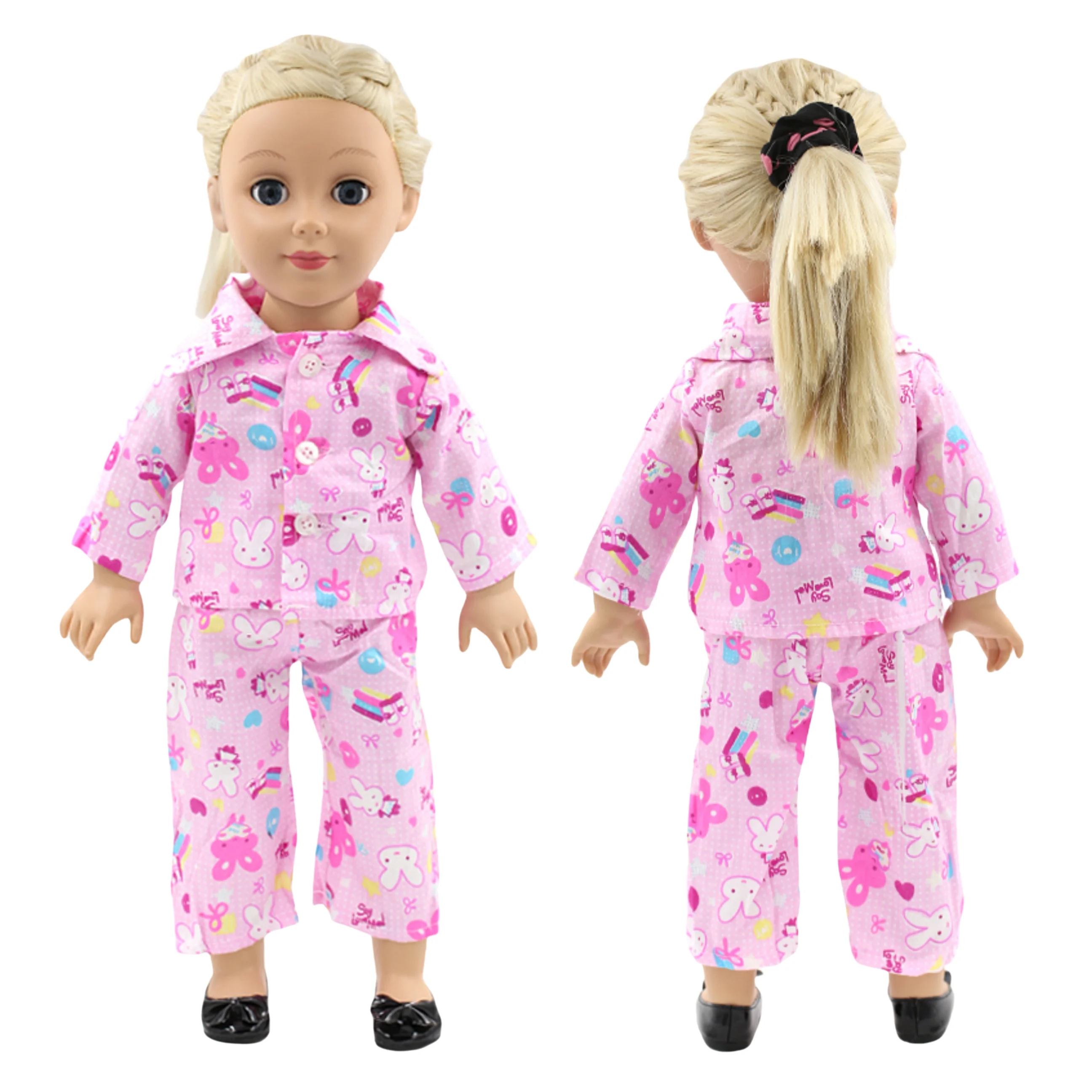 Puppenkleidung passend für 18-Zoll-amerikanische Puppen. (Puppen und Schuhe nicht im Lieferumfang enthalten.) Rosa Pyjama-Kostüm