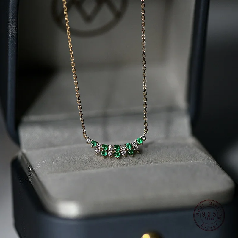 Halskette mit Anhänger aus 925er-Sterlingsilber, 18 Karat Gold, Weiß, Grün, Zirkon, für Damen, Vintage-Schmuck von hoher Qualität