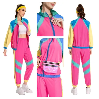 Retro Disco 80er 90er Jahre Sportbekleidung Kostüme Halloween Damen Mode Hippie Kostüm Party Erwachsene Dress Up Hip Hop Jacke Mantel Hose Image