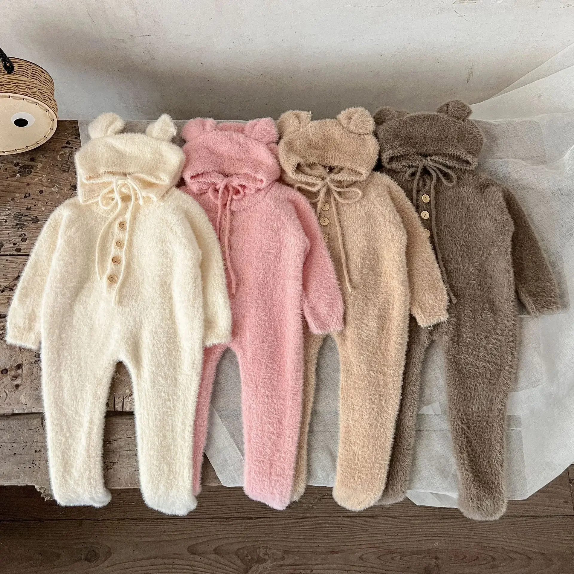 2025, Herbst-Winter-Set für Kinder, Babys, Mädchen und Jungen, niedliches Kleidungsset, Kleinkind-Säuglings-Nerzfell, einfarbig, Fußbindung, Strampler + Mütze Image