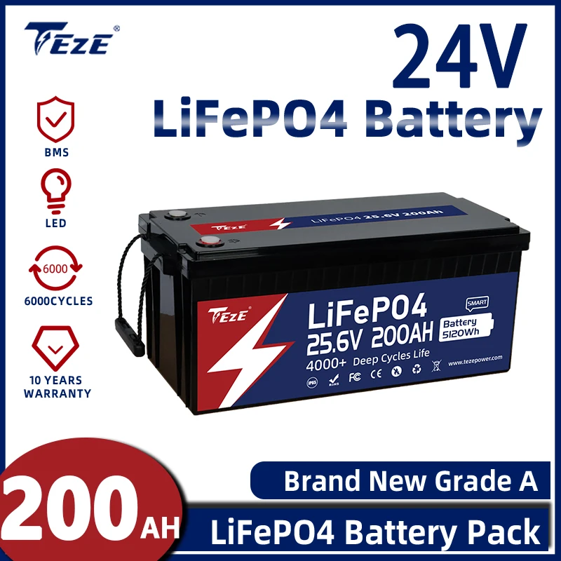 TezePower 24V 100AH 200Ah 300AH Lifepo4-Akku mit integriertem BMS und wiederaufladbaren Zellen mit selbsterwärmender und aktiver Balancer Image