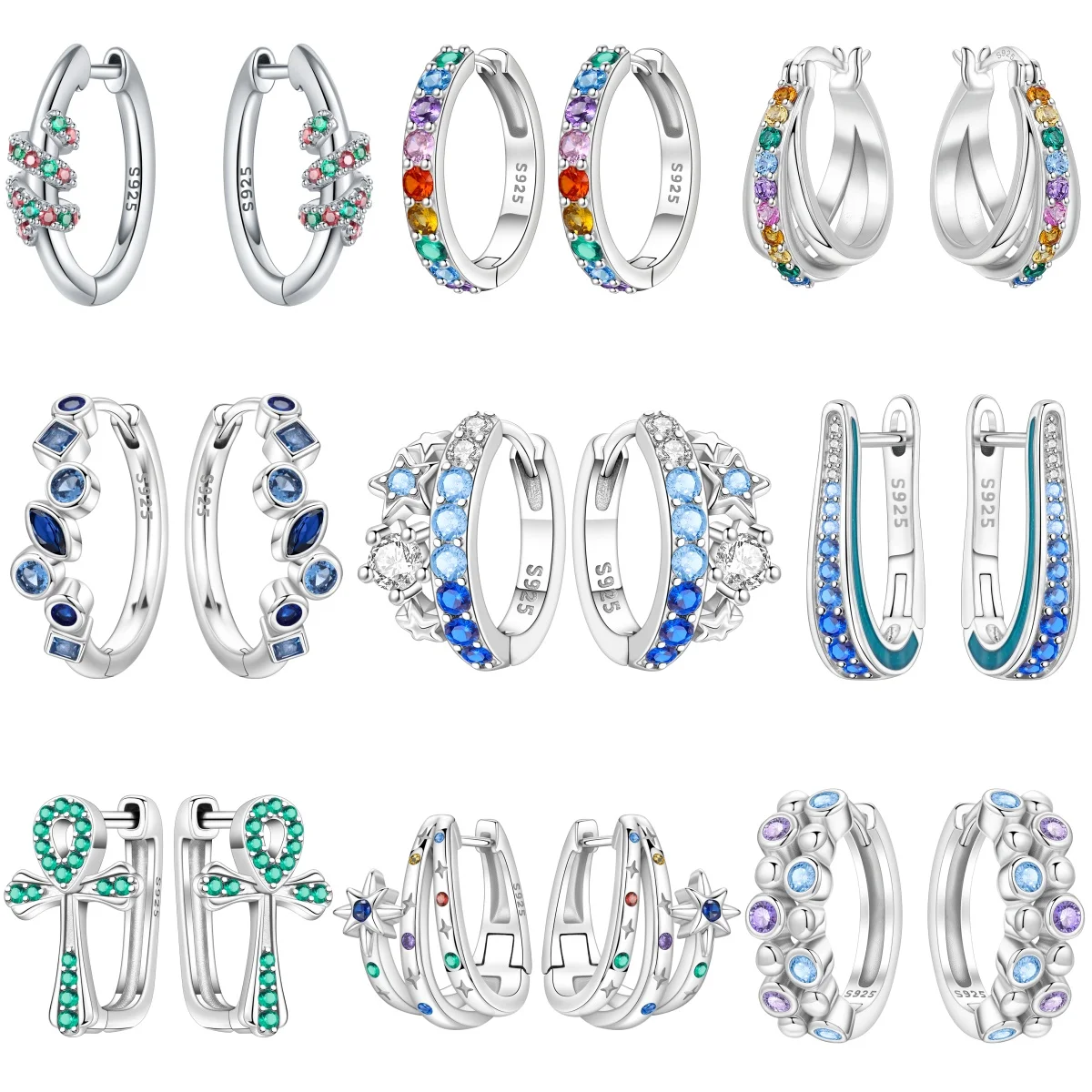 Neue Creolen aus 925er-Sterlingsilber, farbiger Zirkon, Weihnachtsband-Ohrringe für Frauen, Weihnachten, Hochzeit, Party, Geburtstag, Schmuck, Geschenk Image