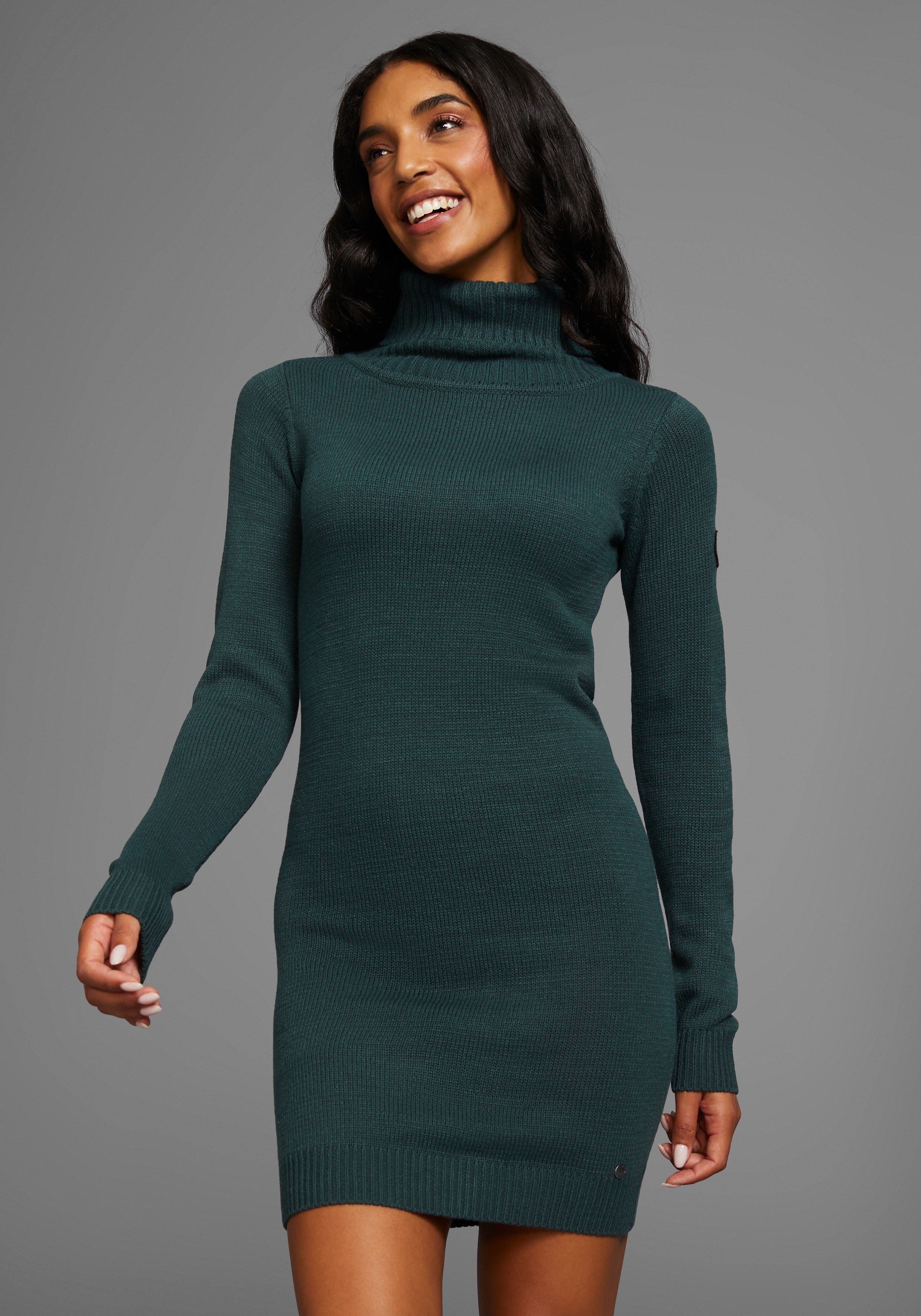 Strickkleid KANGAROOS, Damen, Gr. 38, N-Gr, blau (petrol), Strick, Obermaterial: 60% Baumwolle, 40% Polyacryl, figurbetont mini, Rippbündchen, Kleider, mit Rollkragen Image