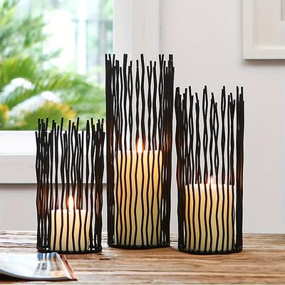 TEMU 3pcs Black Metal Wire Pillar Candleholder Set, Creative Hollow Geometric Candle Holder For Table Centerpiece Fireplace Decoration, Party, Wedding Halloween And Christmas Decorations