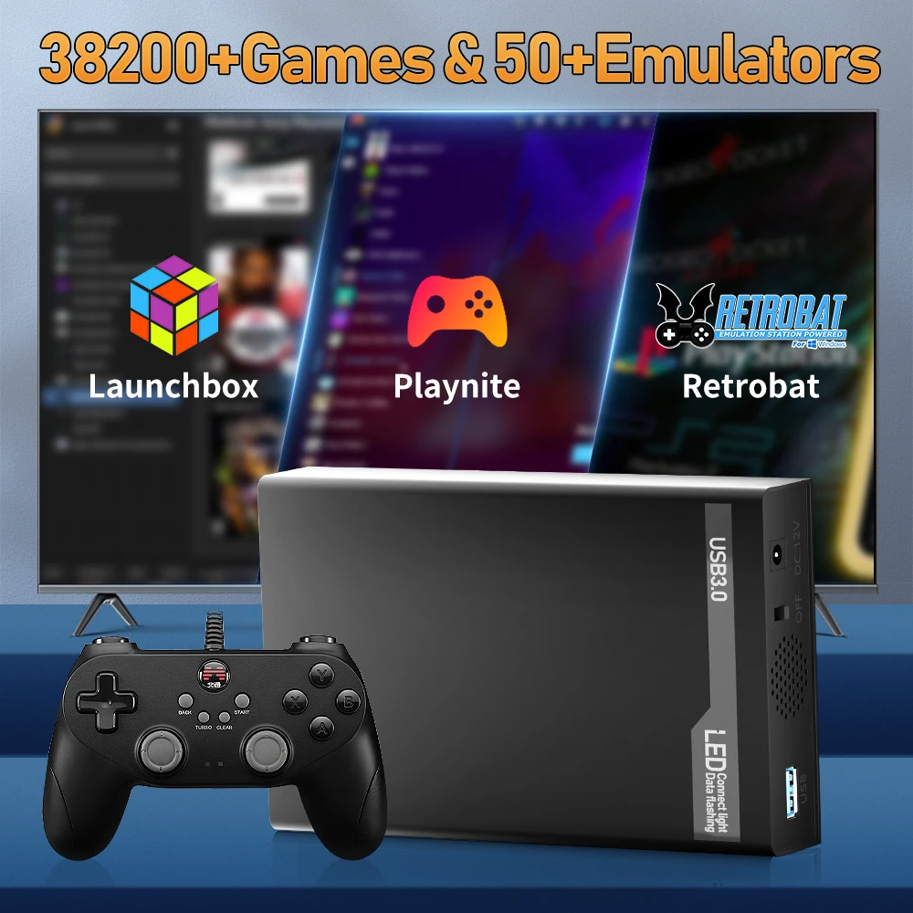 Console de jeu vidéo rétro avec HDD, Hyper Base Mix, Launchbox, Playnite, Playnite, PS3, Switch, XBOX, PS2, Wii, WiiU, 500 + jeux, 38200